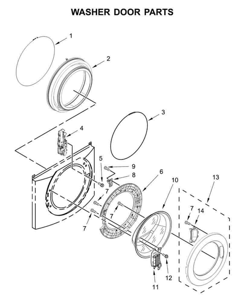 Washer Door Diagram and Parts List for CGT9100GQ0  Whirlpool Washer Dryer Combo
