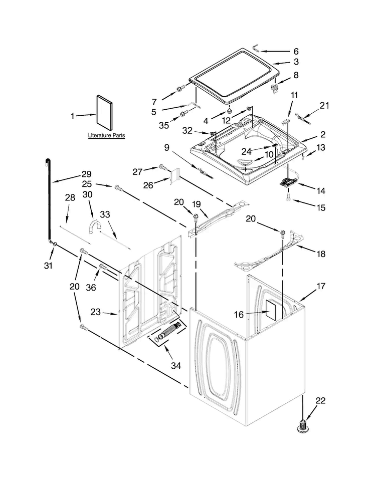 Top And Cabinet Parts Diagram and Parts List for 7MWTW5622BW1  Whirlpool Washer