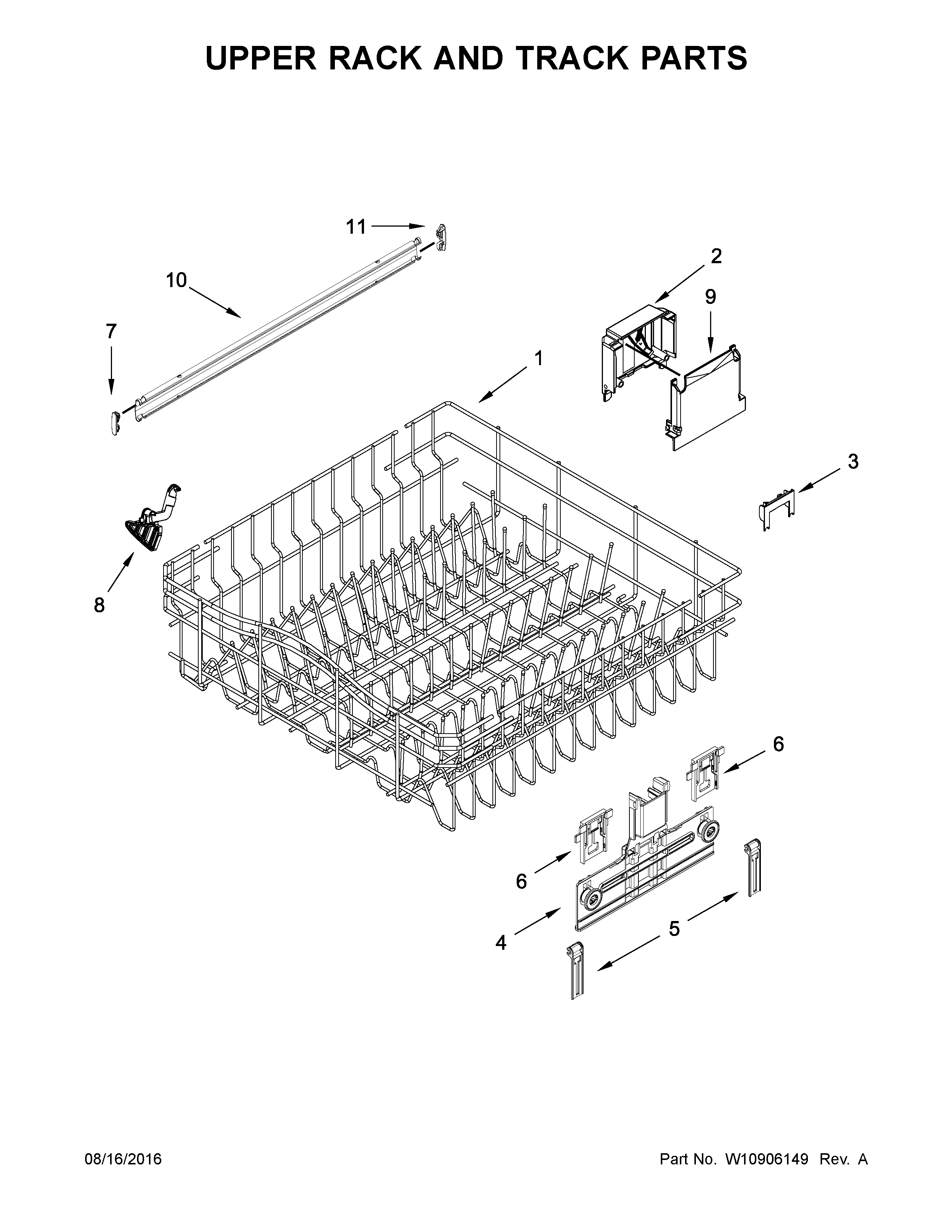 Upper Rack And Track Parts Diagram and Parts List for 66514569N610  Kenmore Dishwasher