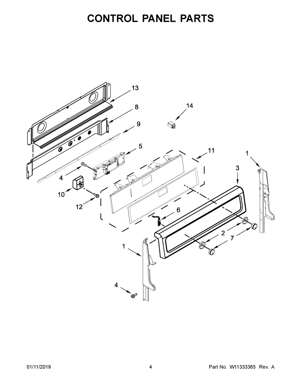 Control Panel Parts Diagram and Parts List for YWGE745C0FS1  Whirlpool Range