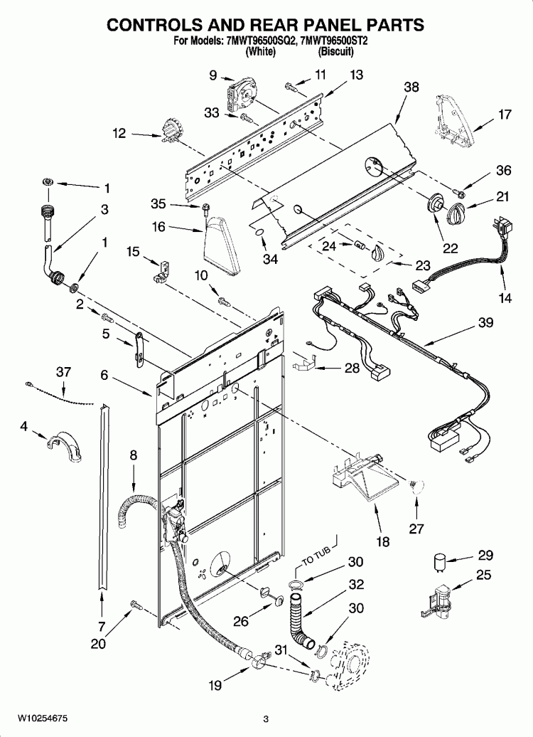 CONTROLS AND REAR PANEL PARTS Diagram and Parts List for 7MWT96500SQ2  Whirlpool Washer