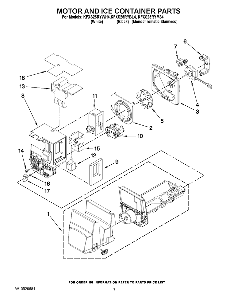 MOTOR AND ICE CONTAINER PARTS Diagram and Parts List for KFXS25RYWH4  KitchenAid Refrigerator