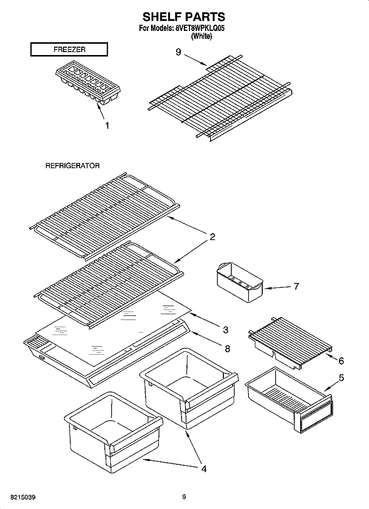SHELF PARTS, OPTIONAL PARTS Diagram and Parts List for 8VET8WPKLQ05  Whirlpool Refrigerator