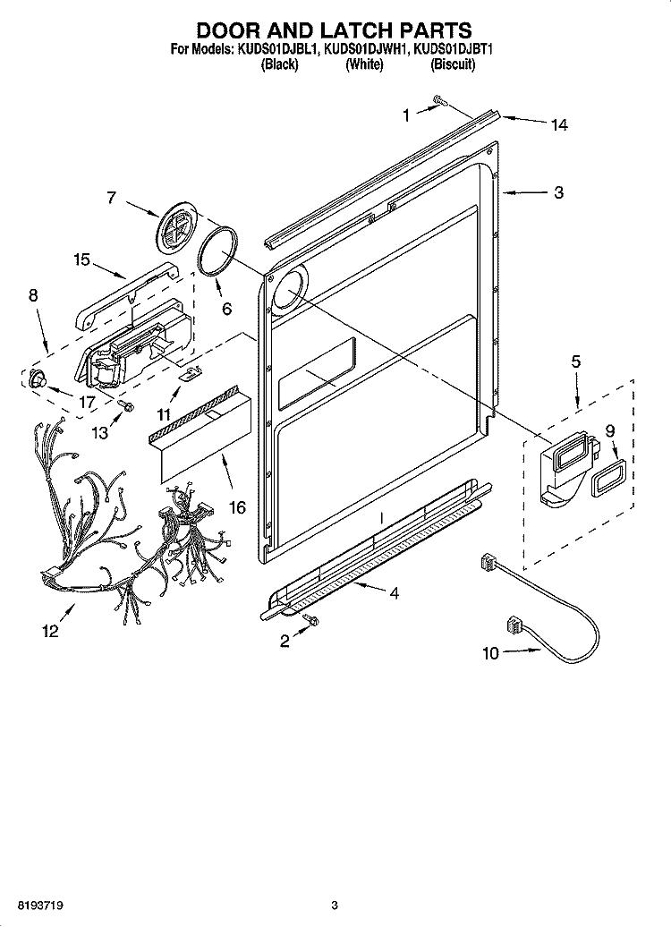 DOOR AND LATCH PARTS Diagram and Parts List for KUDS01DJBT1  KitchenAid Dishwasher