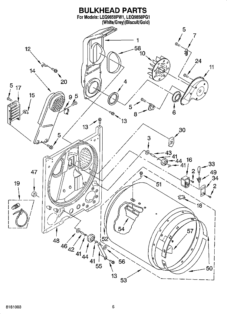 BULKHEAD PARTS, OPTIONAL PARTS (NOT INCLUDED) Diagram and Parts List for LEQ9858PW1  Whirlpool Dryer