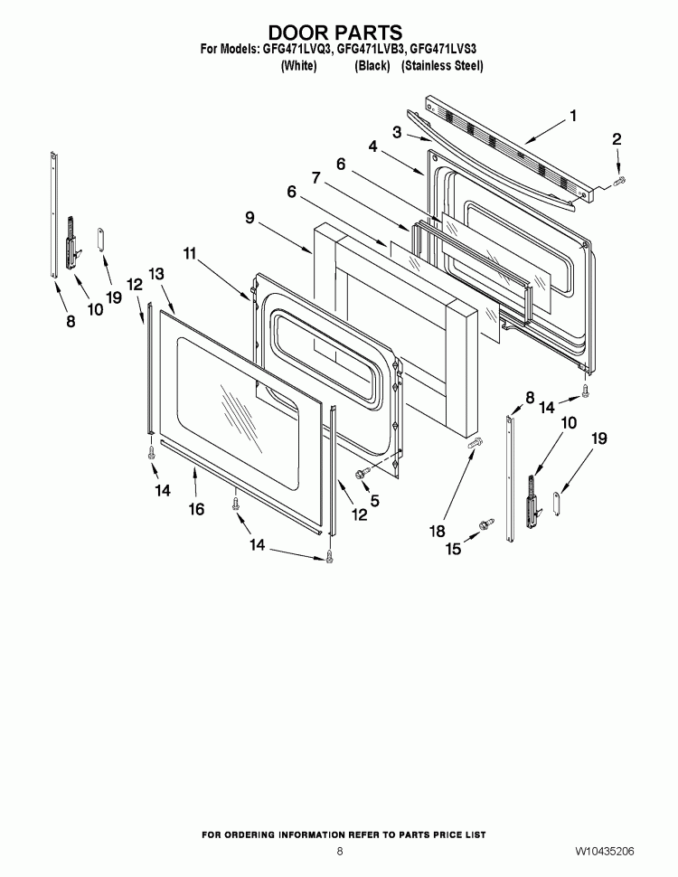 DOOR PARTS Diagram and Parts List for GFG471LVQ3  Whirlpool Range