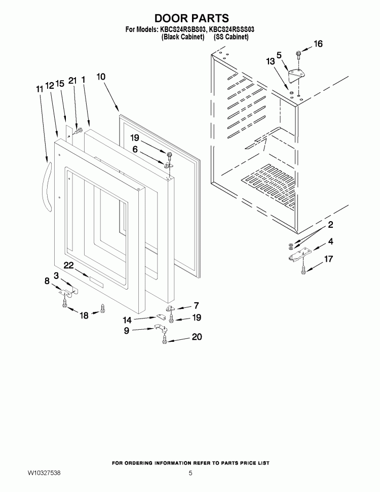 DOOR PARTS Diagram and Parts List for KBCS24RSBS03  KitchenAid Wine and Beverage Cooler
