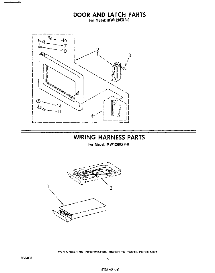 DOOR AND LATCH , WIRING HARNESS Diagram and Parts List for MW120EXP0  Whirlpool Microwave