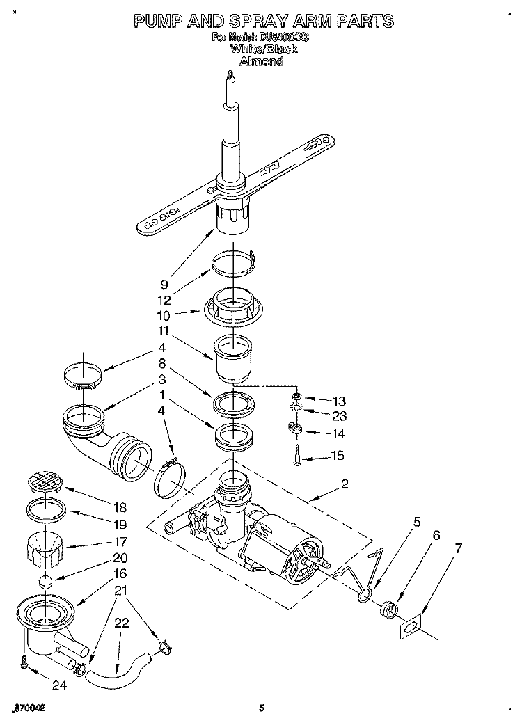 PUMP AND SPRAY ARM Diagram and Parts List for DU8400XX3  Whirlpool Dishwasher