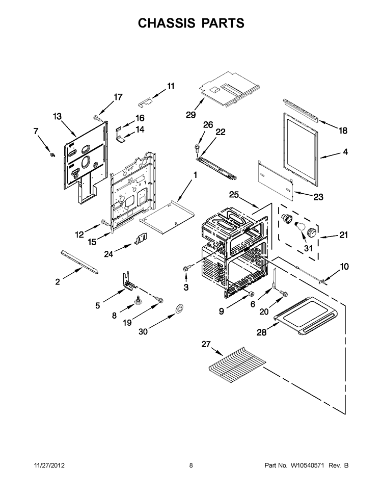 CHASSIS PARTS Diagram and Parts List for GGG388LXQ04  Whirlpool Range