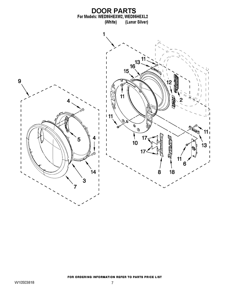 DOOR PARTS Diagram and Parts List for WED95HEXW2  Whirlpool Dryer
