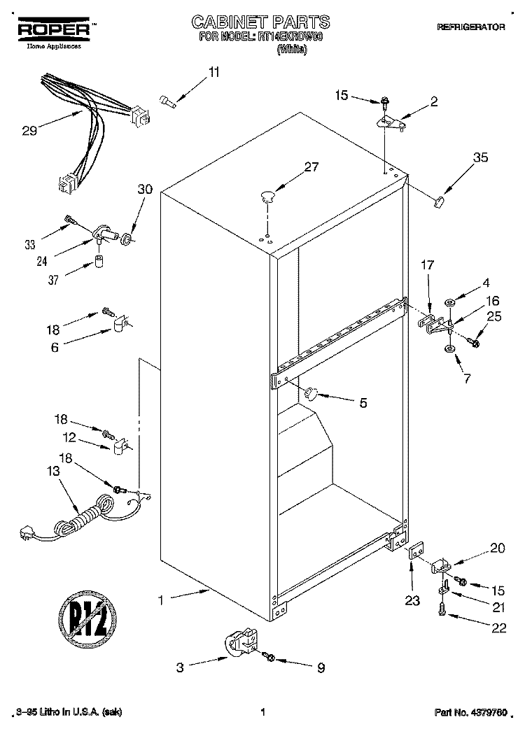 CABINET Diagram and Parts List for RT14EKRDW00  Roper Refrigerator