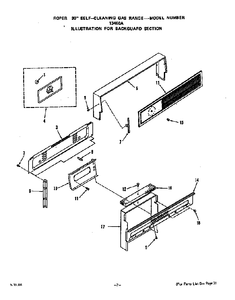 Backguard Diagram and Parts List for 1346*0A  Roper Range
