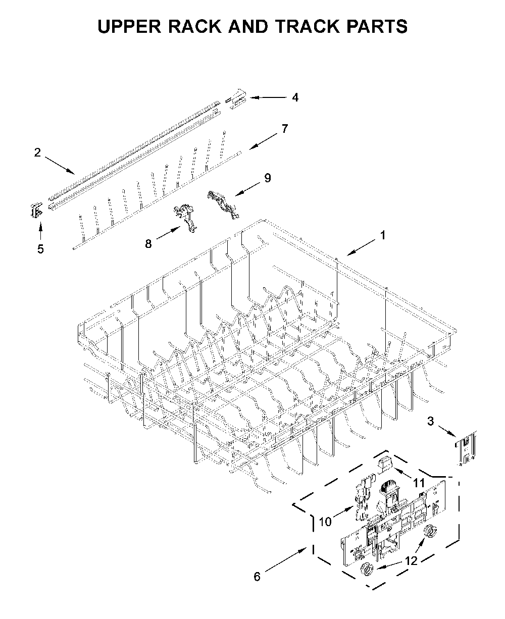 Upper rack and track parts Diagram and Parts List for WDTA50SAKT0  Whirlpool Dishwasher
