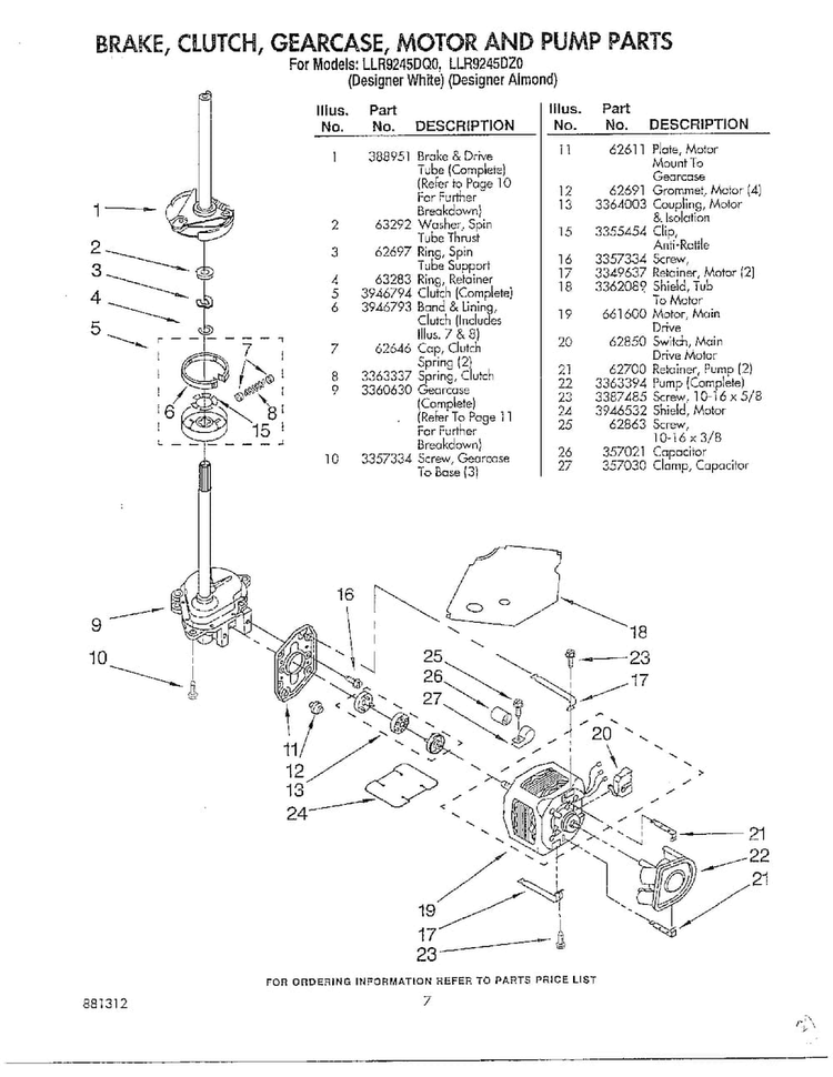 Brake/clutch/gearcase/motor And Pump Diagram and Parts List for LLR9245DQO  Whirlpool Washer