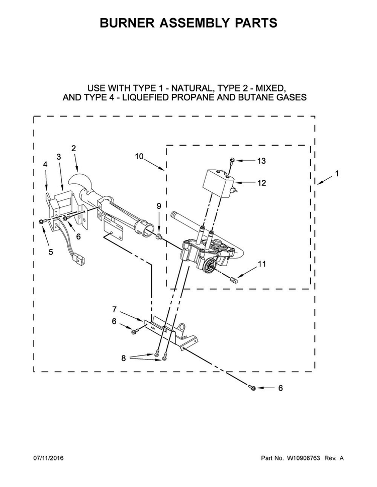 Burner Assembly Parts Diagram and Parts List for 7MWGD2150EN1  Whirlpool Dryer
