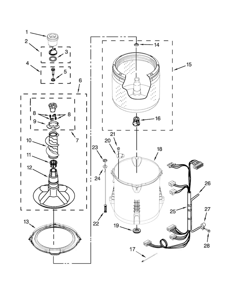 Basket And Tub Parts Diagram and Parts List for 7MWTW1502BM1  Whirlpool Washer