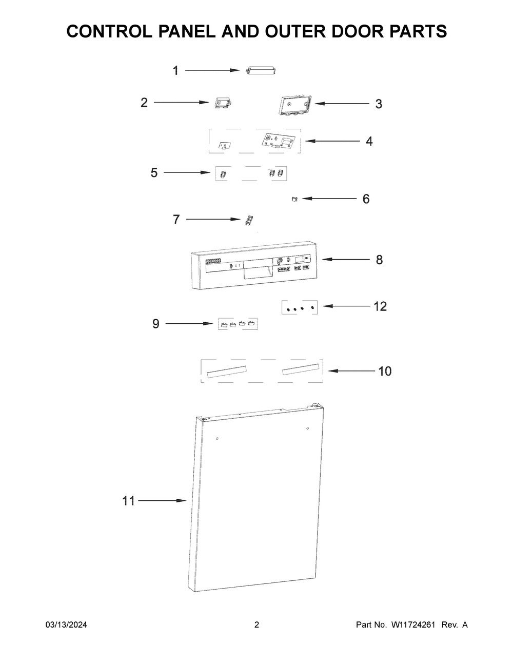 Control Panel And Outer Door Parts Diagram and Parts List for WDPS5118PB0  Whirlpool Dishwasher