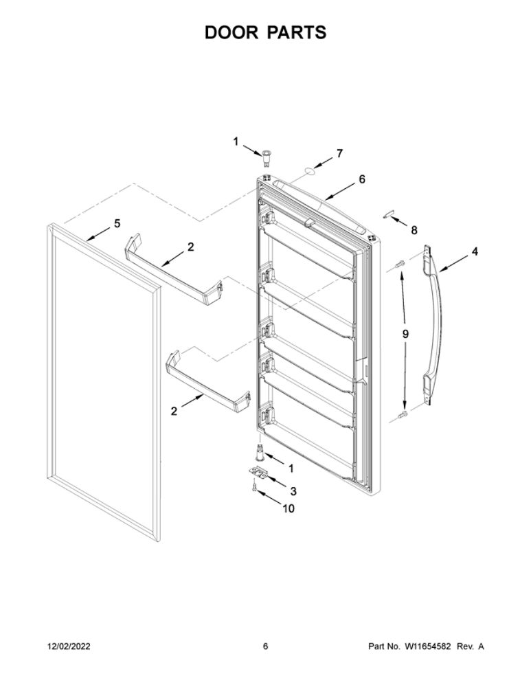 Door Parts Diagram and Parts List for WZF57R16FW09  Whirlpool Freezer