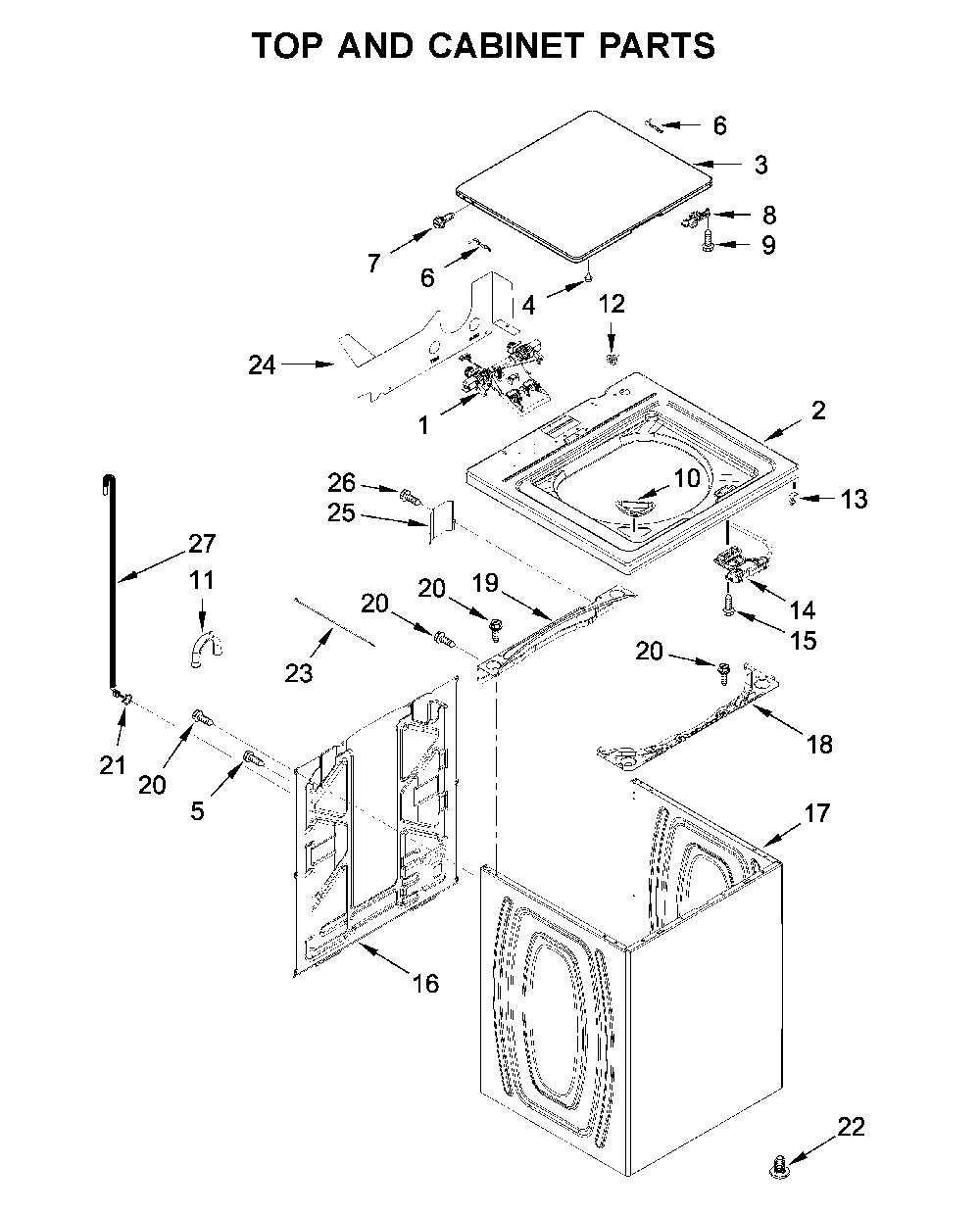 Top and cabinet parts Diagram and Parts List for YWET4027HW1  Whirlpool Washer Dryer Combo