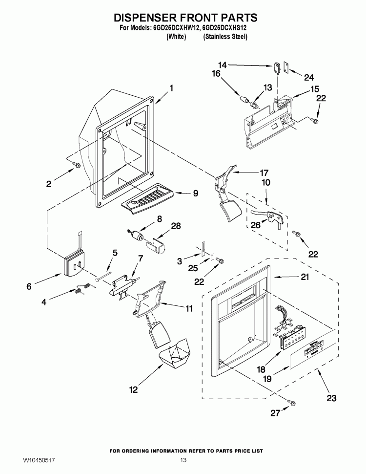 DISPENSER FRONT PARTS Diagram and Parts List for 6GD25DCXHS12  Whirlpool Refrigerator