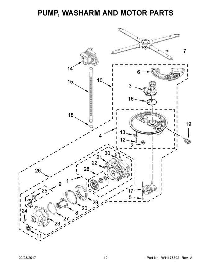 07 - Pump, Washarm And Motor Parts Diagram and Parts List for KDTM384EBS2  KitchenAid Dishwasher
