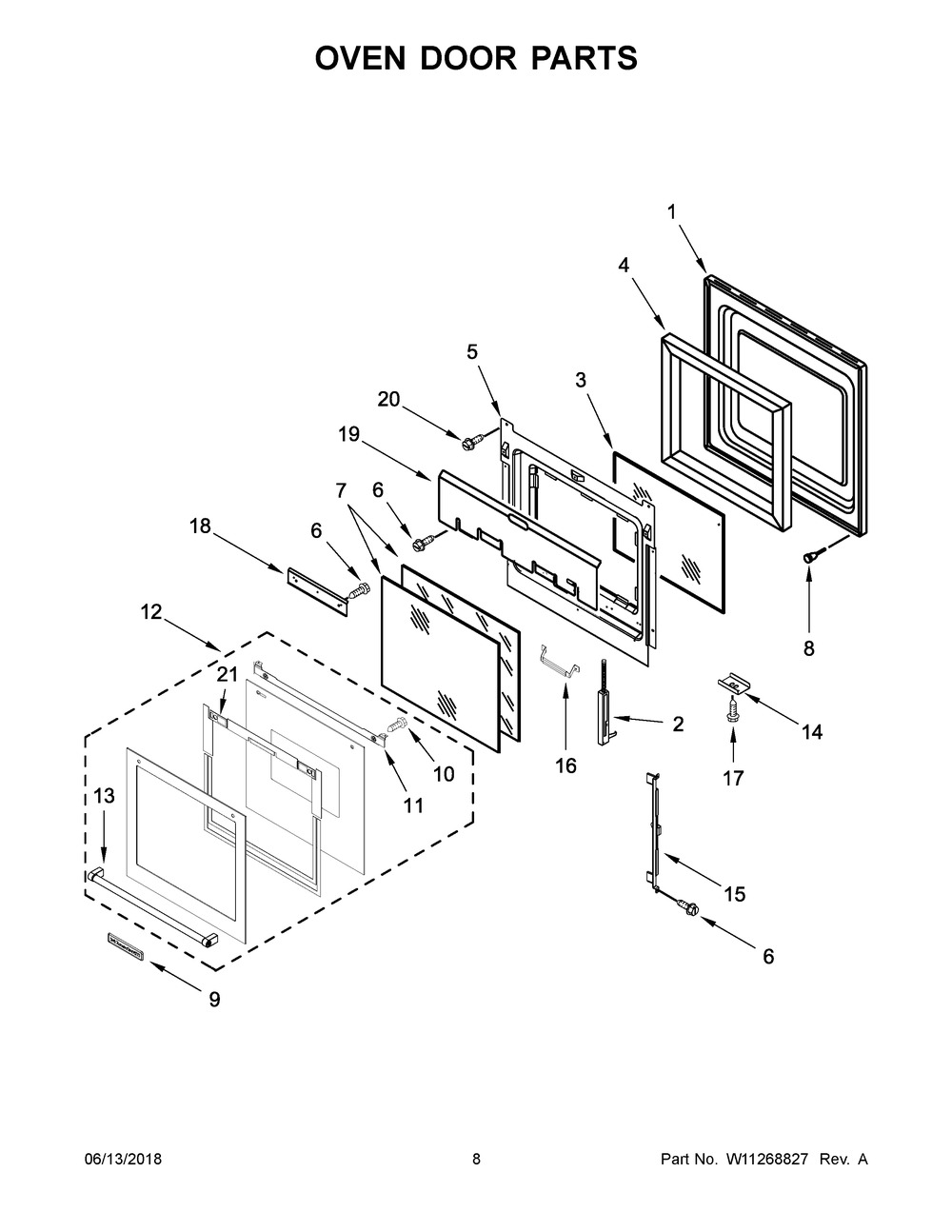 Oven Door Parts Diagram and Parts List for KODC304EBL01  Whirlpool Wall Oven