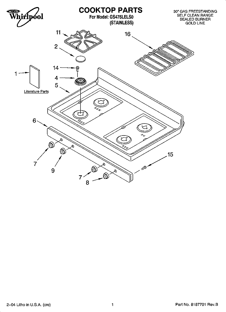COOKTOP PARTS Diagram and Parts List for GS475LELS0  Whirlpool Range