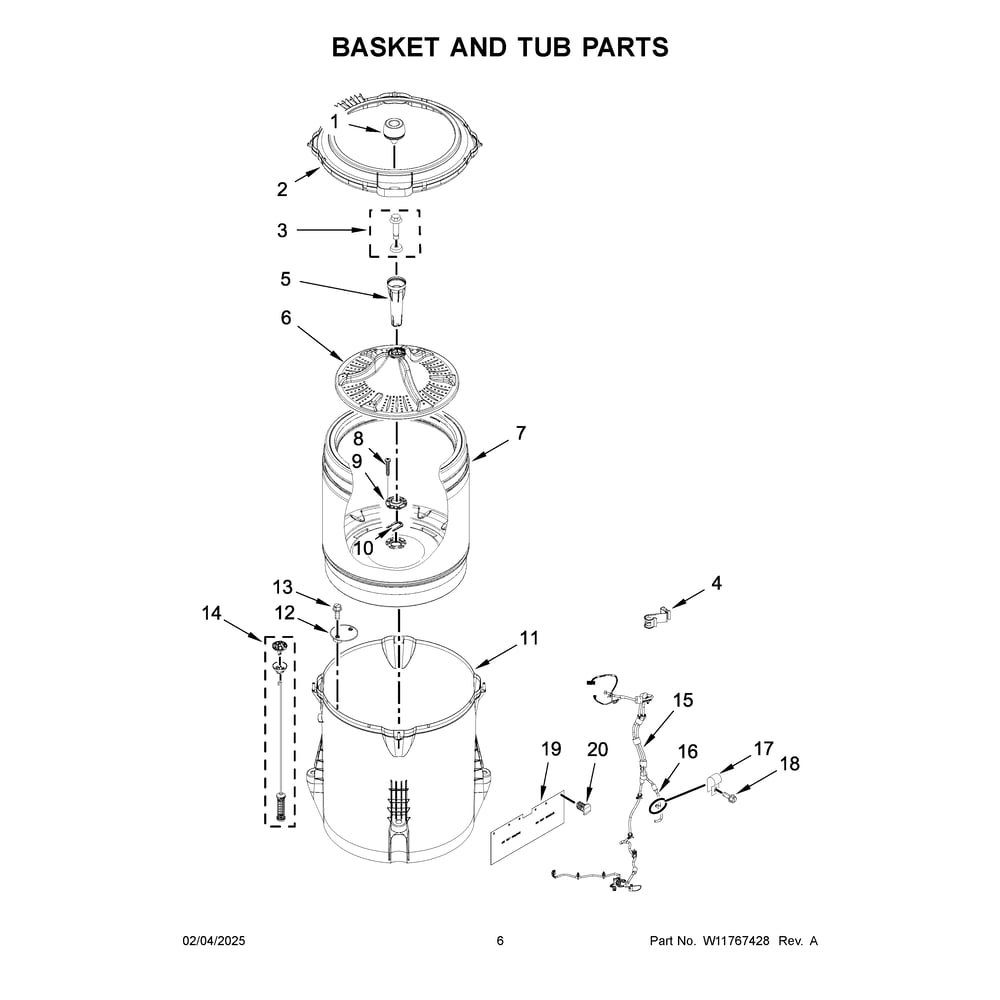 Basket And Tub Parts Diagram and Parts List for 4KWTW5700JW2  Whirlpool Washer