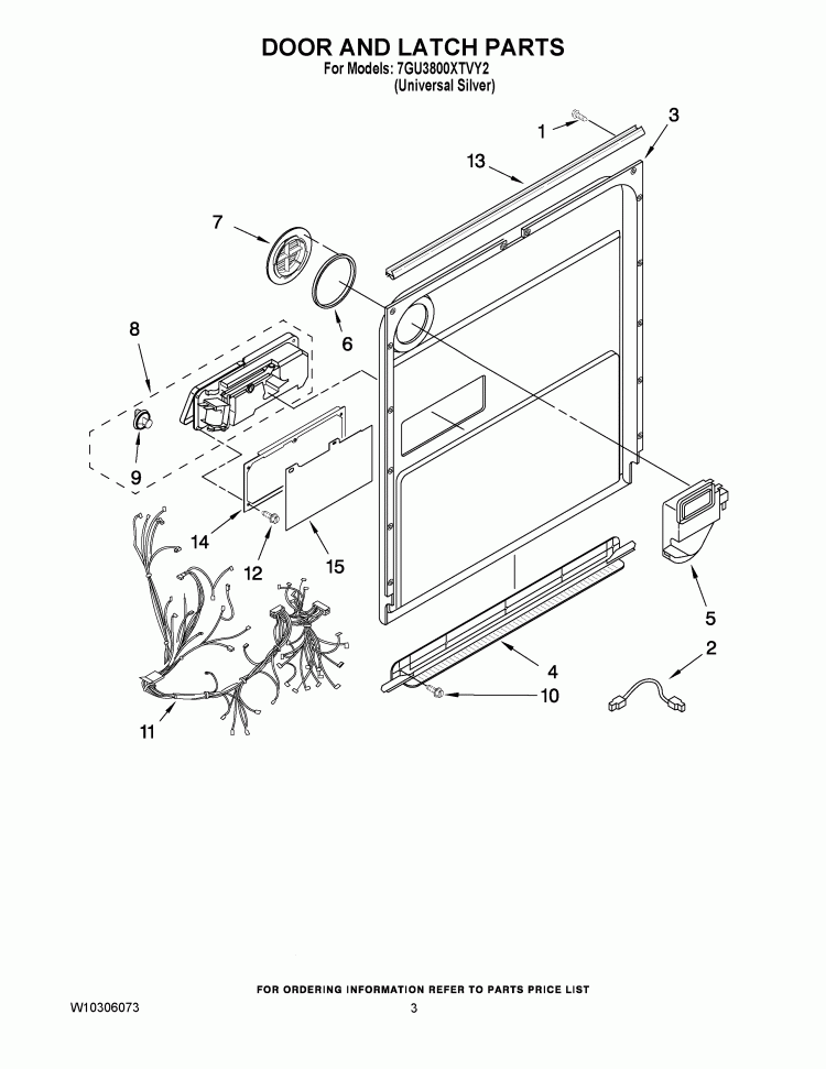 DOOR AND LATCH PARTS Diagram and Parts List for 7GU3800XTVY2  Whirlpool Dishwasher