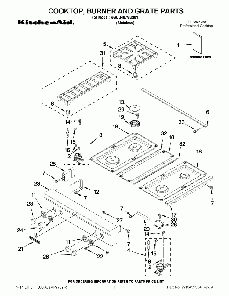 COOKTOP, BURNER AND GRATE PARTS Diagram and Parts List for KGCU407VSS01  KitchenAid Cooktop