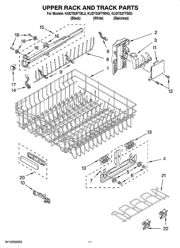 UPPER RACK AND TRACK PARTS Diagram and Parts List for KUDT03FTSS3  KitchenAid Dishwasher