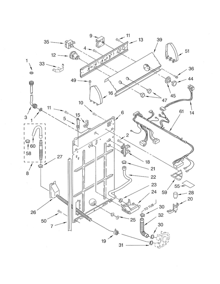 Controls & Rear Panel Diagram and Parts List for LSR6333LQ0  Whirlpool Washer