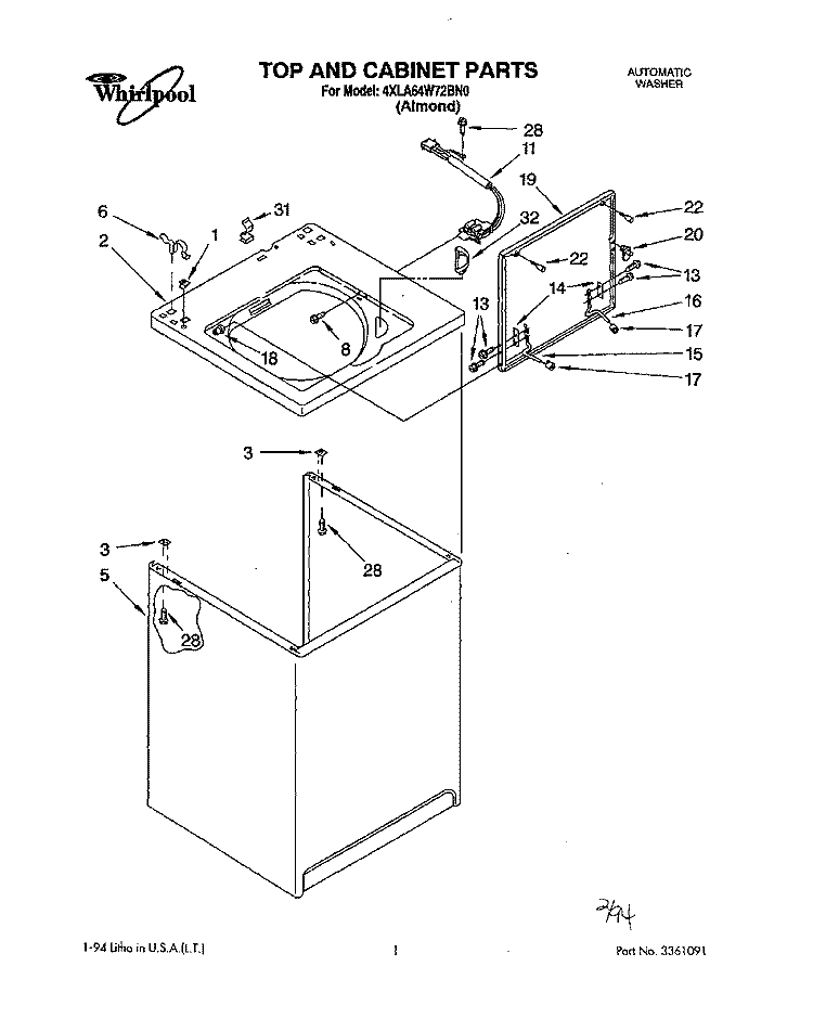 TOP AND CABINET, LIT/OPTIONAL Diagram and Parts List for 4XLA64W72BN0  Whirlpool Washer