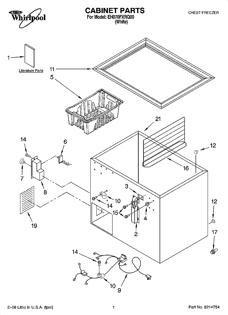 CABINET PARTS Diagram and Parts List for EH070FXRQ00  Whirlpool Freezer