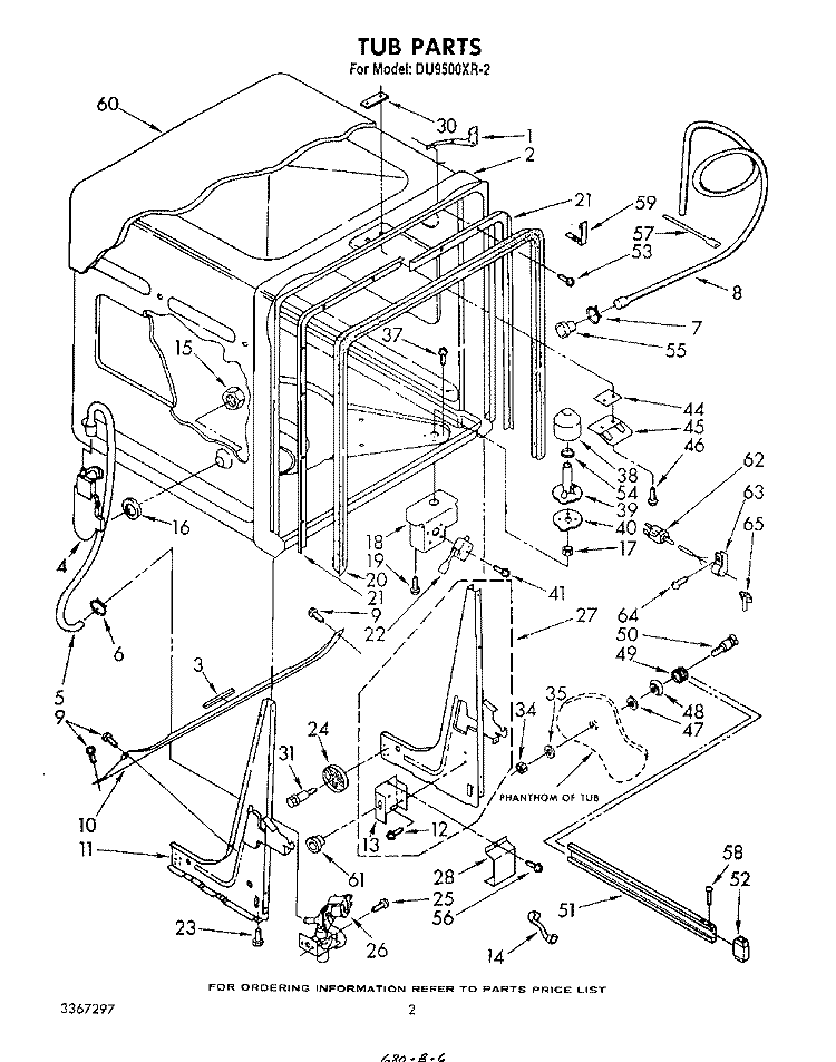 TUB , LIT/OPTIONAL Diagram and Parts List for DU9500XR2  Whirlpool Dishwasher