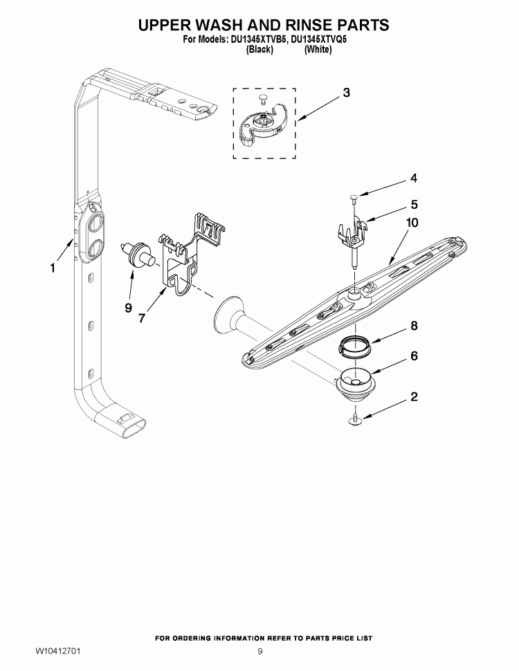 UPPER WASH AND RINSE PARTS Diagram and Parts List for DU1345XTVB5  Whirlpool Dishwasher