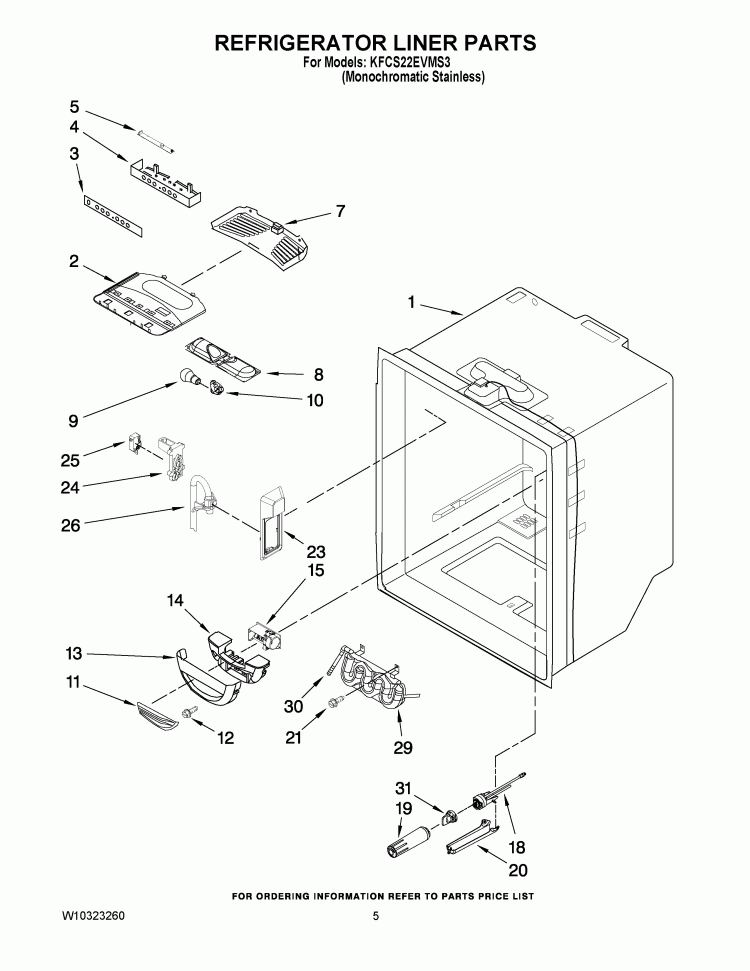 REFRIGERATOR LINER PARTS Diagram and Parts List for KFCS22EVMS3  KitchenAid Refrigerator