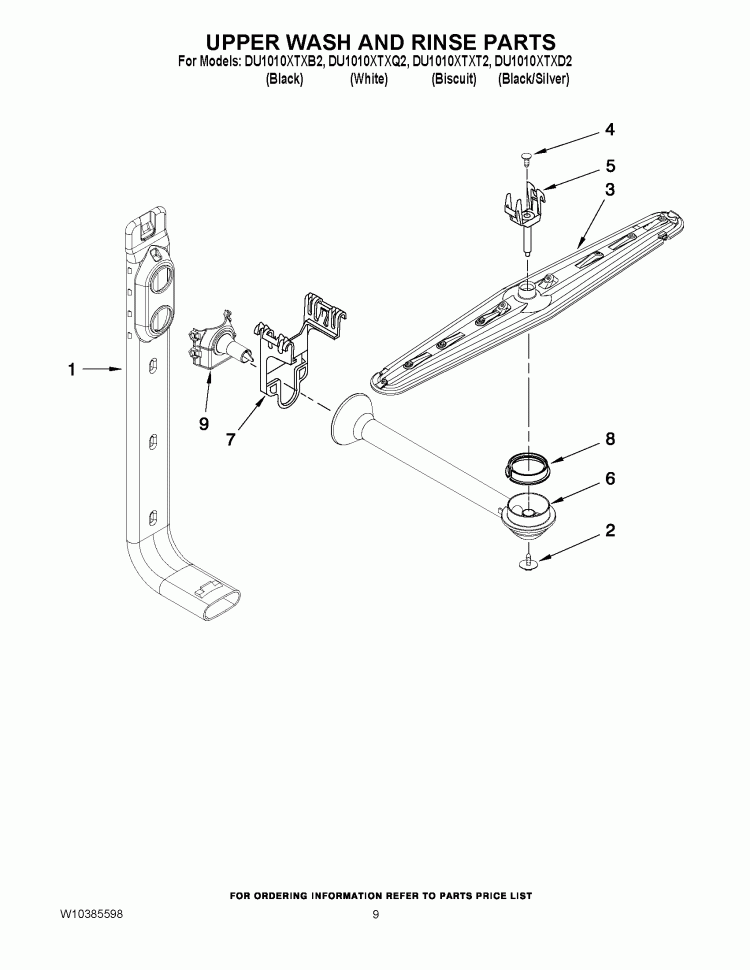UPPER WASH AND RINSE PARTS Diagram and Parts List for DU1010XTXT2  Whirlpool Dishwasher