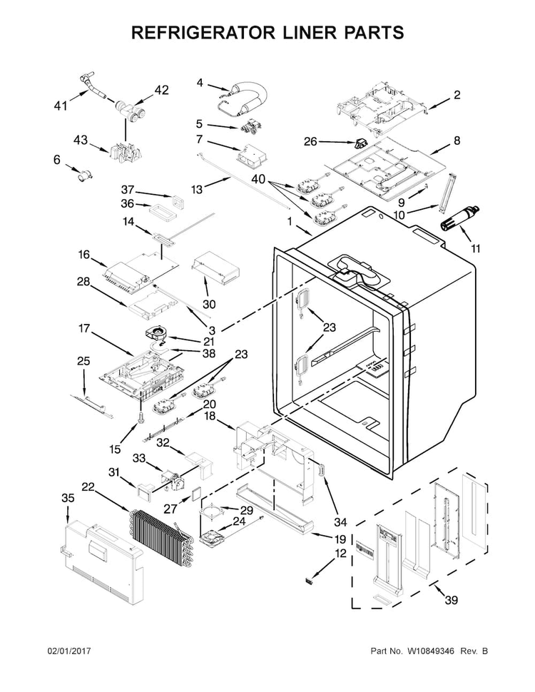 Refrigerator Liner Parts Diagram and Parts List for WRF767SDEM01  Whirlpool Refrigerator
