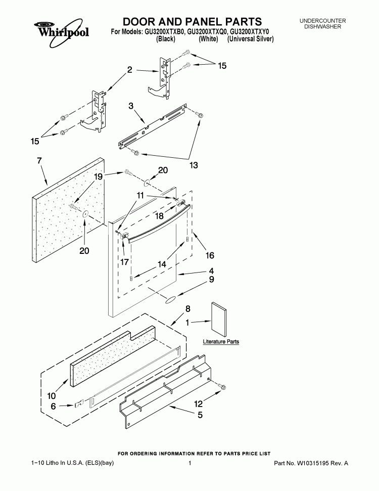 DOOR AND PANEL PARTS Diagram and Parts List for GU3200XTXB0  Whirlpool Dishwasher