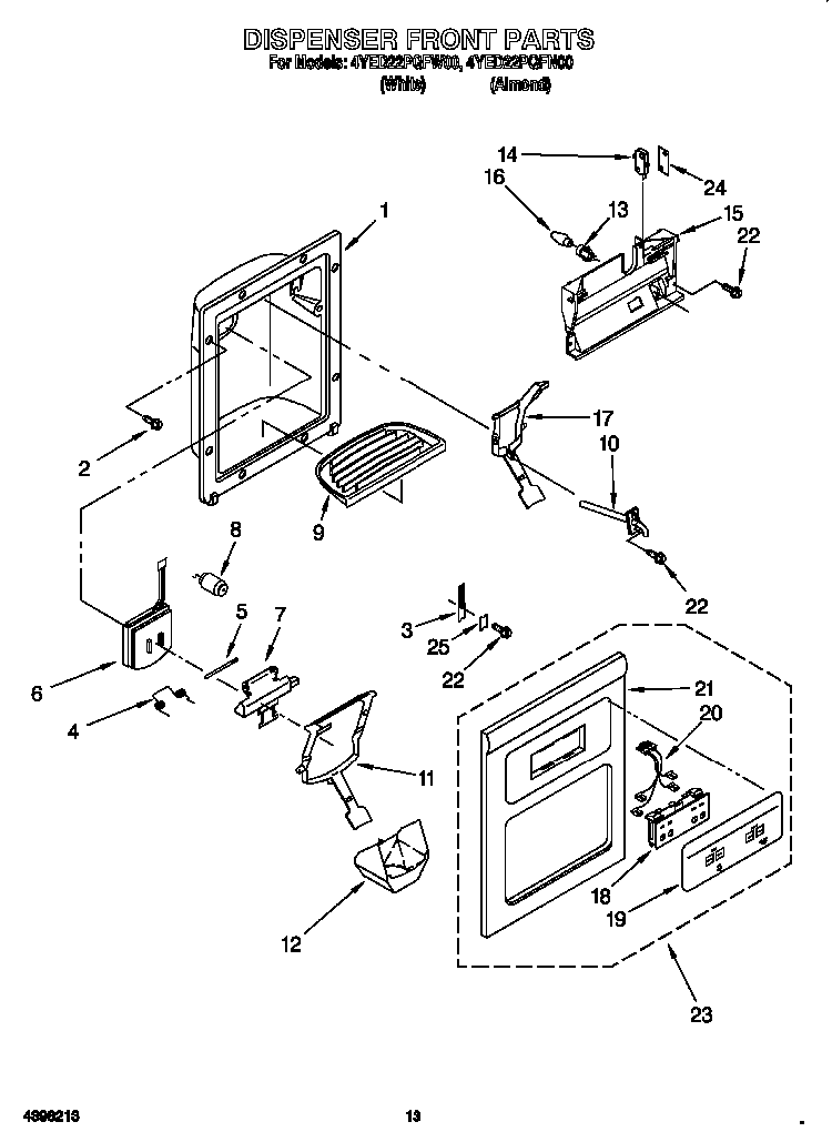 Dispenser Front Diagram and Parts List for 4YED22PQFW00  Whirlpool Refrigerator