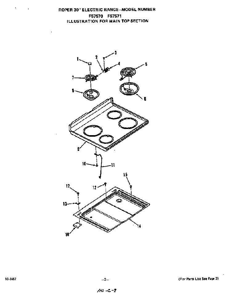 Main Top Diagram and Parts List for F5757*0  Roper Range