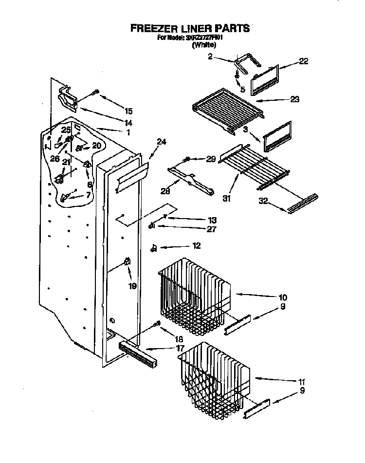 Freezer Liner Diagram and Parts List for 3XR2727FI01  Whirlpool Refrigerator