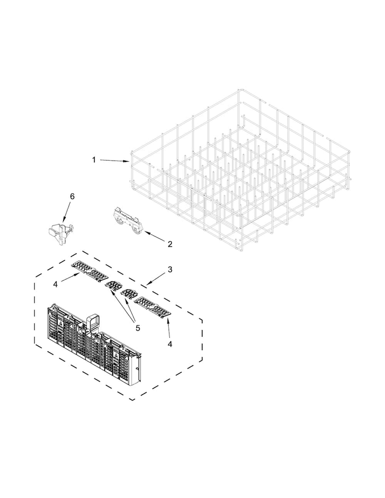 Lower Rack Parts Diagram and Parts List for WDT720PADB0  Whirlpool Dishwasher