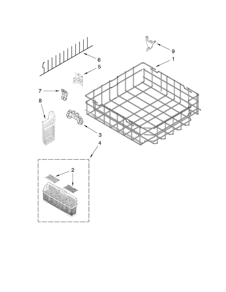 Lower Rack Parts Diagram and Parts List for KUDS30IVSS1  KitchenAid Dishwasher
