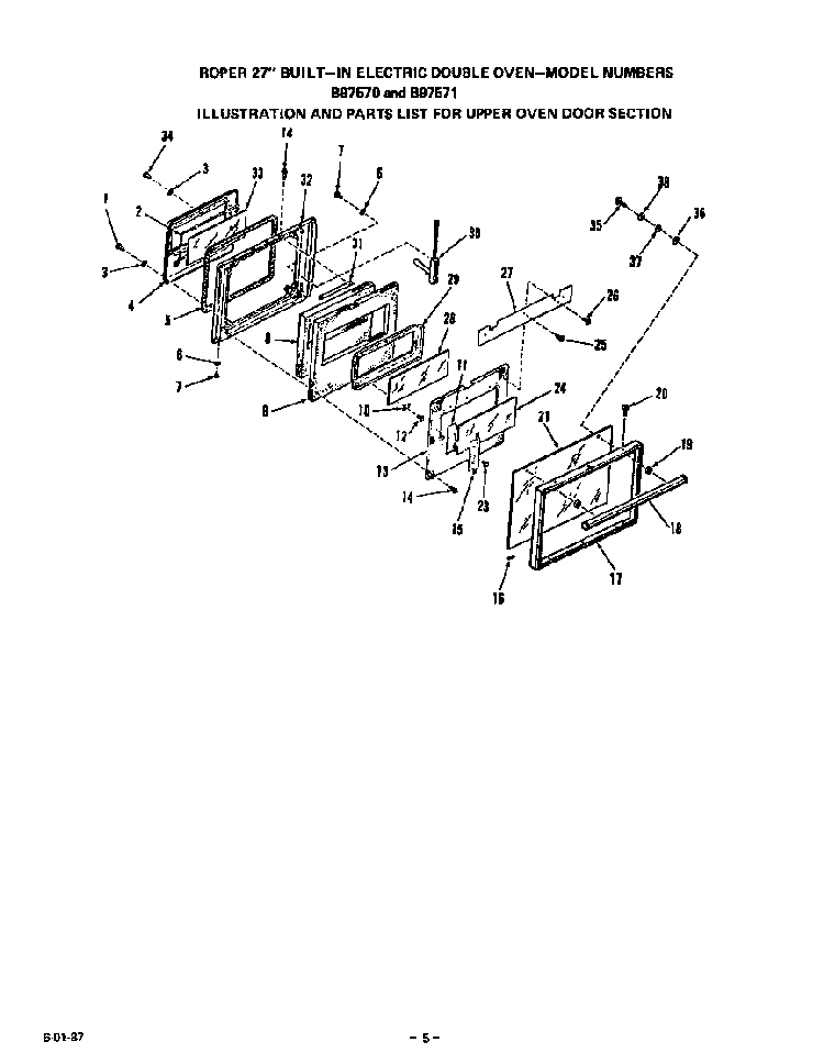 Upper Oven Door Diagram and Parts List for B9757*0  Roper Range