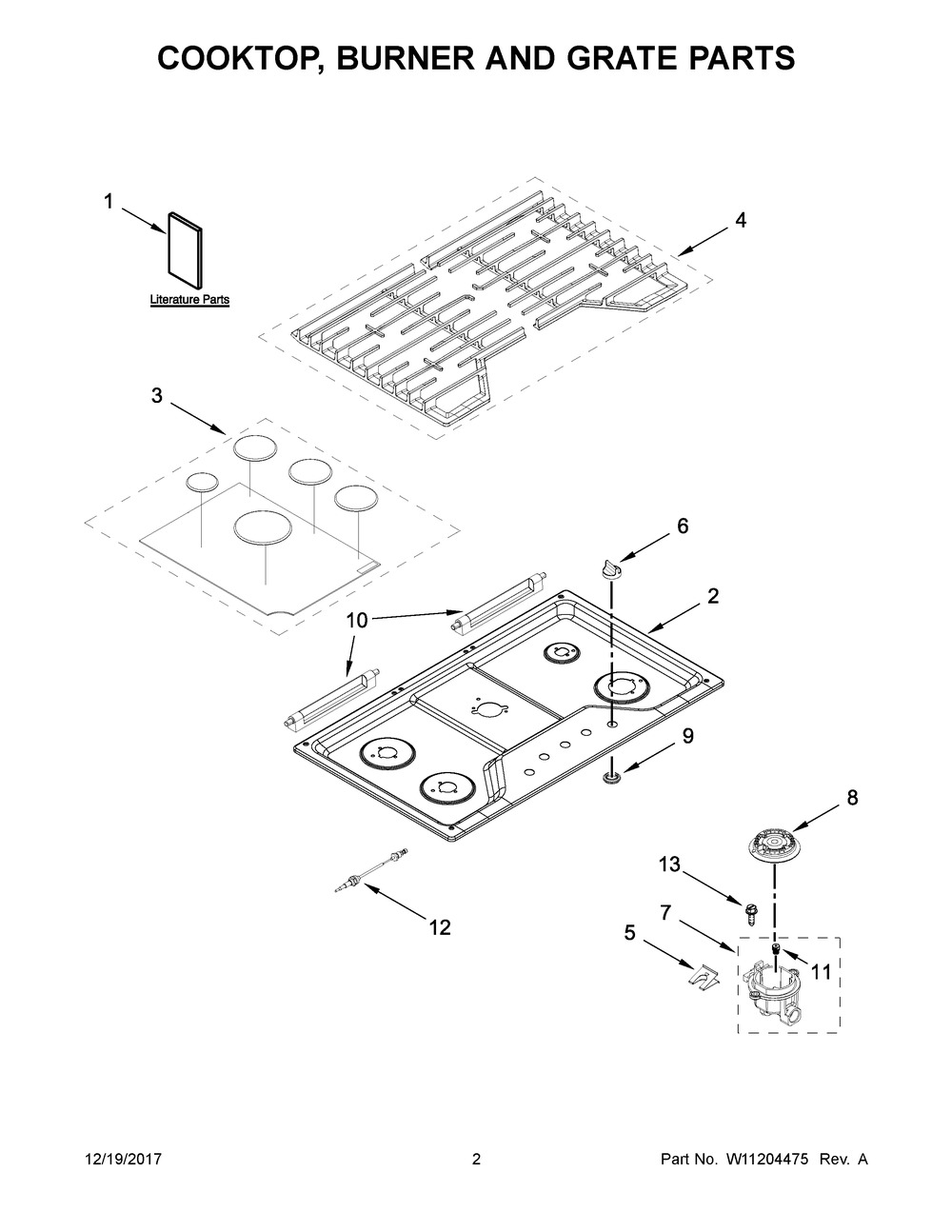 Cooktop, Burner And Grate Parts Diagram and Parts List for WCG77US0HS00  Whirlpool Cooktop