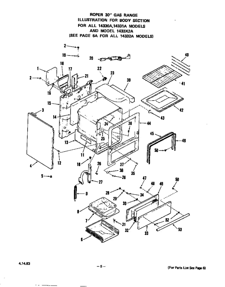 Body Diagram and Parts List for 1433*0A  Roper Range