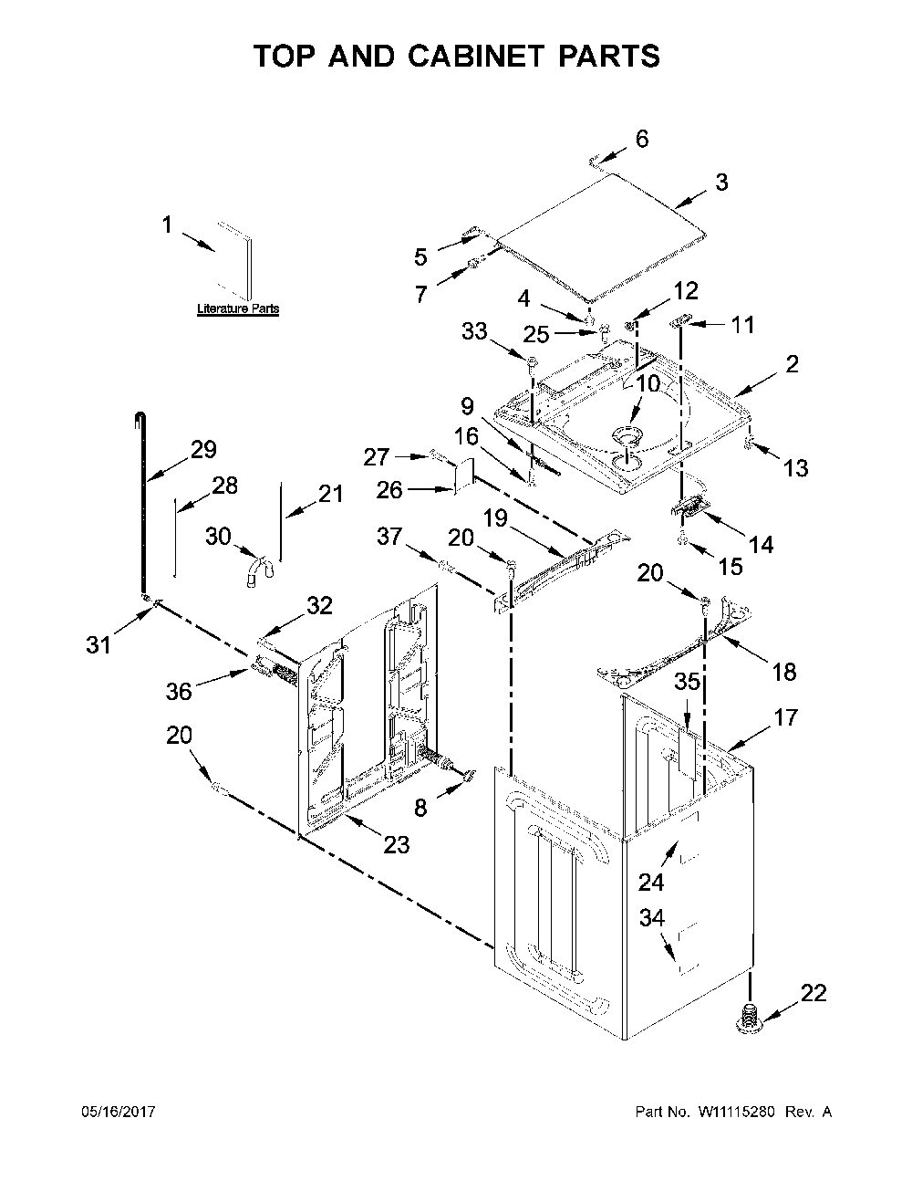Top and cabinet parts Diagram and Parts List for 11027132412  Kenmore Washer